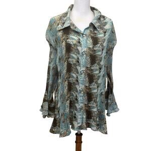 Maggie Barnes blue/brown pleated button front top, 3X, artsy, bohemian, resort